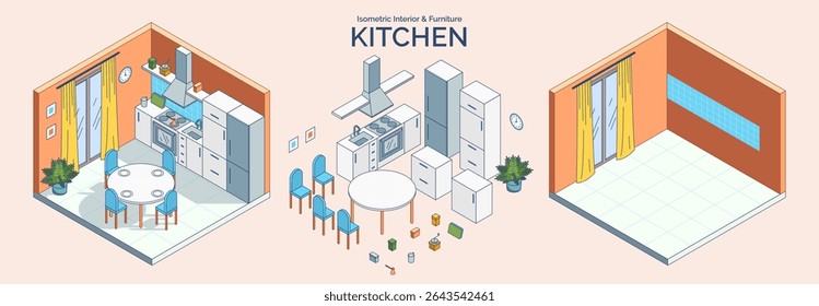 Cartoon Color Kitchen Room Interior and Furniture Concept 3d Isometric View Line Elements. Vector illustration of Stove and Refrigerator