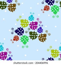 Cartoon color ladybugs on blue background. Seamless pattern.