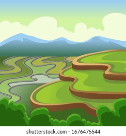 Cartoon Color Landscape Scene Chinese Rice Fields Concept Flat Design. Vector illustration of Asian Meadow Farmland