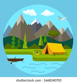 Cartoon Color Landscape Scene with Mountains, Forest and River Concept Flat Design. Vector illustration of Outdoor Tourism