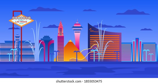 Cartoon Color Las Vegas City Skyline Landscape Scene Travel and Casino Concept Flat Design Style. Vector illustration