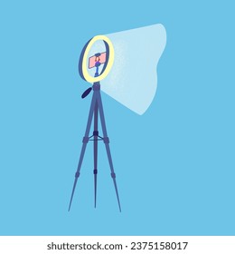 Cartoon Color Led Ring Lamp and Monopod Concept Flat Design Style. Vector illustration of Phone Holder for Live Stream