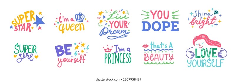 Cartoon Color Lettering Positive for Girls Set Concept Flat Design Style Include of Super Girl and Love Yourself. Vector illustration