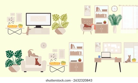 Cartoon Color Living Room Different Composition Interior Inside Concept Flat Design Style and Line Elements. Vector illustration