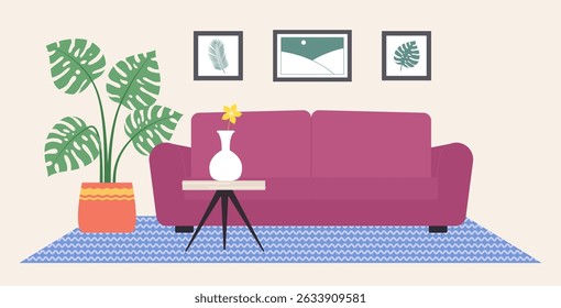 Cartoon Color Living Room with Houseplant Potted, Table and Sofa Interior Inside Concept Flat Design Style and Line Elements. Vector illustration