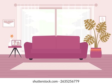 Cartoon Color Living Room with Houseplant Potted, Sofa, Window and Family Photo on a Table Interior Inside Concept. Vector illustration