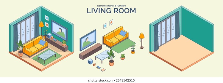 Cartoon Color Living Room Interior and Furniture Concept 3d Isometric View Line Elements. Vector illustration