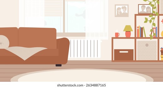 Cartoon Color Living Room with Window, Shelving, Sofa and Carpet Interior Inside Concept Flat Design Style . Vector illustration