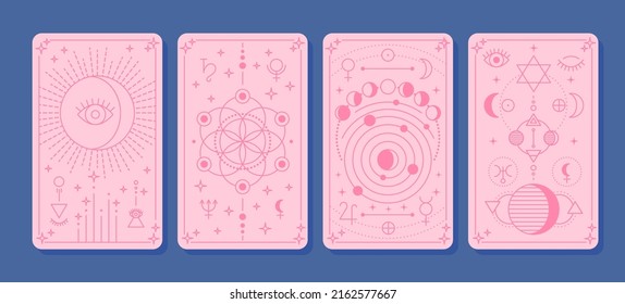 Cartas de Tarot mágicas de color de caricatura Fijan estilo de diseño plano de concepto de predicción estética, mística y espiritual. Ilustración del vector