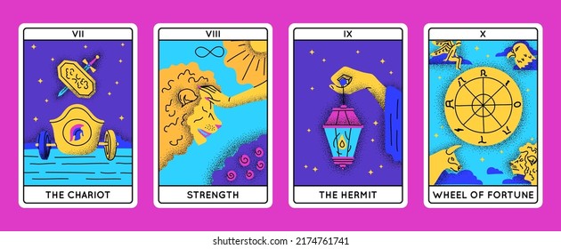 Cartoon Color Magical Tarot Cards Major Arcana Set Concept Flat Design Style Include of Chariot, Hermit, Strength and Wheel of Fortune. Vector illustration