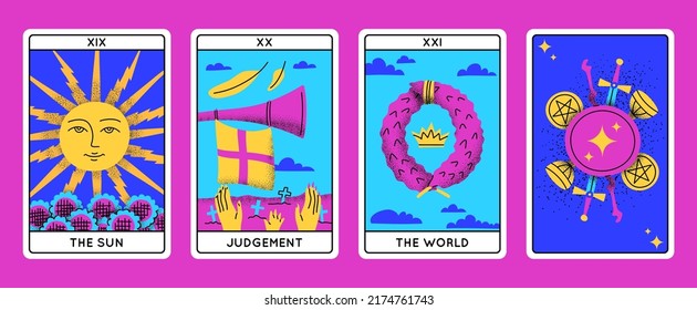 Cartoon Color Magical Tarot Karten Major Arcana Set Konzept flachen Design Stil Inklusive Sonne, Urteilsvermögen und Welt. Vektorgrafik