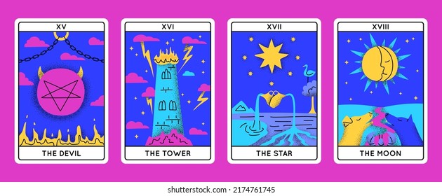 Cartoon Color Magical Tarot Cards Major Arcana Set Concept Flat Design Style Include of Star, Moon, Devil and Tower. Vector illustration