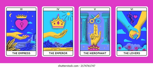 Cartoon Color Magical Tarot Cards Major Arcana Set Concept Flat Design Style Include of Hierophant, Emperor, Lovers and Empress. Vector illustration