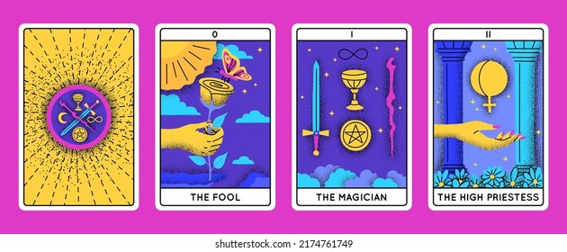 Cartoon Color Magical Tarot Cards Major Arcana Set Concept Flat Design Style Include of Magician, Fool and High Priestess. Vector illustration