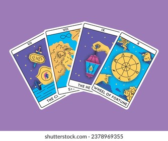 Cartoon Color Magical Tarot Cards Major Arcana Set Semicircle Concept Flat Design Style Include of Chariot, Hermit, Strength and Wheel of Fortune. Vector illustration