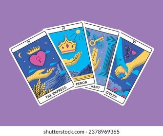 Cartoon Color Magical Tarot Cards Major Arcana Set Semicircle Concept Flat Design Style Include of Hierophant, Emperor, Lovers and Empress. Vector illustration