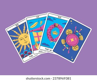 Cartas de Tarot mágicas de color de caricatura El mayor conjunto de arcana Semicírculo concepto de diseño plano incluye el sol, el juicio y el mundo. Ilustración del vector