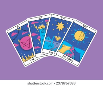 Cartoon Color Magical Tarot Cards Major Arcana Set Semicircle Concept Flat Design Style Include of Star, Moon, Devil and Tower. Vector illustration