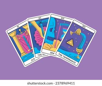 Cartoon Farbe magischen Tarot Karten Major Arcana Set Semikreis Konzept flach Design Stil Inklusive Gerechtigkeit, gehandhabt Man, Tod und Temperanz. Vektorgrafik