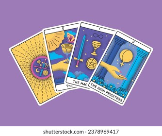 Cartoon Farbe magischen Tarot Karten Major Arcana Set Semikreis Konzept flach Design Stil Inklusive Magier, Narr und hohe Priesterin. Vektorgrafik