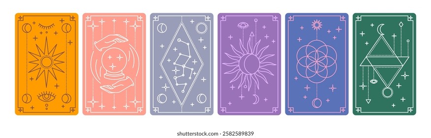 Cartoon Color Magical Tarot Deck Cards Set Mystic Prediction Concept Line Art Design Style. Vector illustration