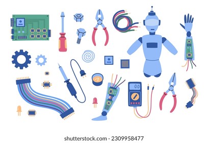 Cartoon Color Making Robot DIY Kit Different Elements Set Concept Flat Design Style Include of Stem, Solder and Gears. Vector illustration