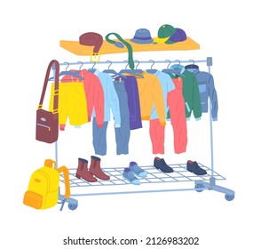 Cartoon Color Male Clothes Hanging on Hangers Men Capsule Wardrobe Concept Flat Design Style. Vector illustration