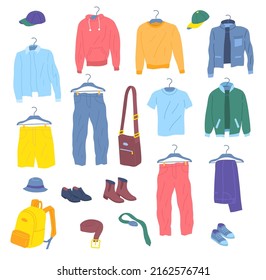 Cartoon Color Male Clothes Hanging Men Capsule Wardrobe Concept Flat Design Style. Vector illustration