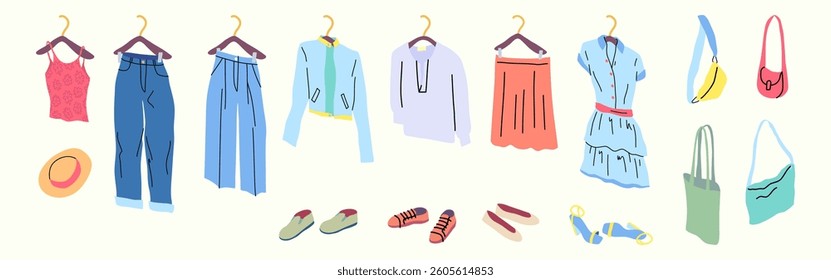 Cartoon Color Male and Female Different Clothes on Hangers Set Concept for Shop Flat Design Style. Vector illustration