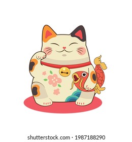 Cartoon color maneki neko cat. Vector illustration of white fat cat with a raised paw, holding red fish, Japanese symbol of good luck, wealth and well-being.  svg