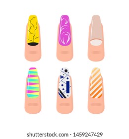 Cartoon Color Manicured Nail Service Art Elements Set Different Types Fingernails Manicure Concept Flat Design Style. Vector illustration