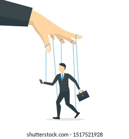Cartoon Color Manipulation Concept with Human Hand and Figure Running Man or Businessman on Ropes. Vector illustration