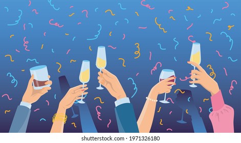 Cartoon Color Many Hands Holding Glasses with Champagne and Wine Party or Celebration Concept Flat Design Style. Vector illustration