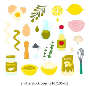 Cartoon Color Mayonnaise Ingredients Icons Set Include of Egg, Olive and Garlic. Vector illustration of Mayo Icon