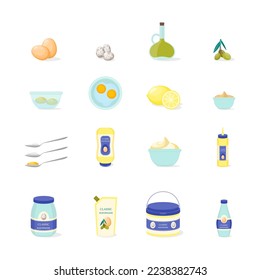 Cartoon Color Mayonnaise Ingredients Icons Set Include of Egg, Oil Bottle and Spoon. Vector illustration of Mayo Sauce Elements