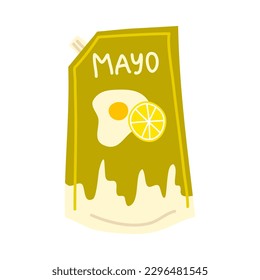 Cartoon Color Mayonnaise Sauce Doypack Packing Concept Flat Design Style. Vector illustration of Mayo Pack