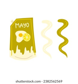 Cartoon Color Mayonnaise Sauce Doypack Packing with Smears Concept Flat Design Style. Vector illustration of Mayo Sauce