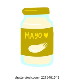 Cartoon Color Mayonnaise Sauce Glass Jar Packing Concept Flat Design Style. Vector illustration of Mayo