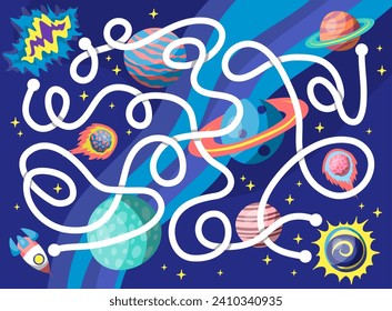 Cartoon Color Maze Game Kids Concept Flat Design Style. Vector illustration of Space Labyrinth with Planets and Rocket