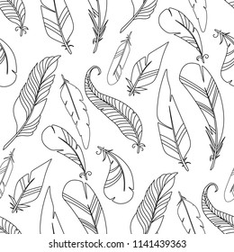 cartoon color me feather vector seamless pattern tribal bird texture monochrome background