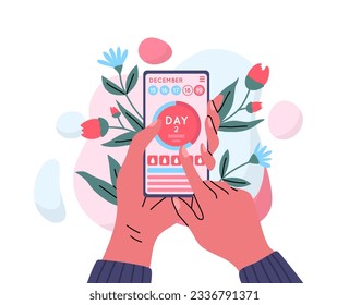 Cartoon Color Menstruation Cycle Calendar in Mobile Phone Hands Hold Smartphone Concept. Vector illustration of Woman Periods Calendar