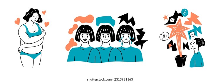Cartoon Color Mental Health and Psychology Concept Set Flat Design Style. Vector illustration of Scene with Person in Dissociative Identity Disorder