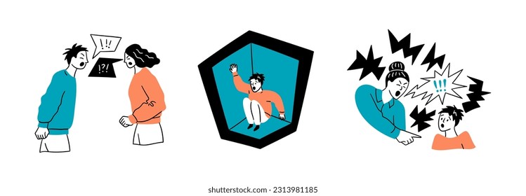 Cartoon Color Mental Health and Psychology Concept Set Flat Design Style. Vector illustration of Scene with Person in Claustrophobia