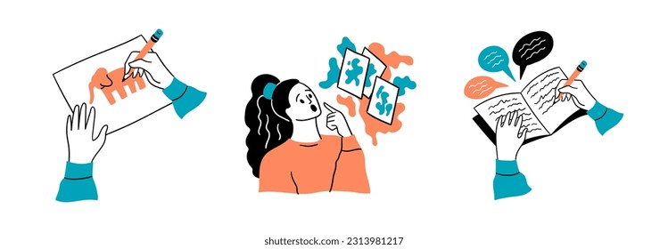 Cartoon Color Mental Health and Psychology Concept Set Flat Design Style. Vector illustration of Scene with Person in Art Therapy