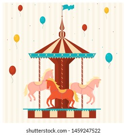 Cartoon Color Merry Go Round Carousel Include Of Balloon And Horse Amusement Concept Flat Design. Vector Illustration