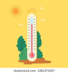 Cartoon Color Meteorology Thermometer Hot Temperature Sign Concept Flat Design Style. Vector illustration of Summer Warmth