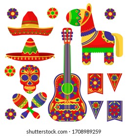 Cartoon Color Mexican Fiesta Icon Set Include of Sombrero, Maracas and Guitar. Vector illustration of Icons