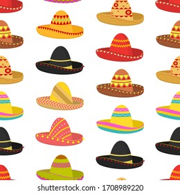 Cartoon Color Mexican Sombrero Hat Seamless Pattern Background on a White Element Culture. Vector illustration of Traditional Mexico Hats Icons