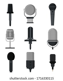 Cartoon Color Microphones Sign Icon Set Concept Flat Design Style. Vector illustration of Mic Icons