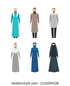 Cartoon Color Middle East Man and Woman Religious Apparel Set Traditional Concept Flat Design Style. Vector illustration of Arabic Clothes